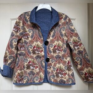 Womens Reversible Quilted Horse Equestrian Reverses to Blue Cotton Blazer Jacket